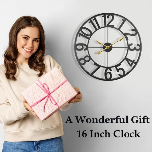 Vista 7 de Reloj de pared grande para exteriores, silencioso sin tictac, funciona con pilas, reloj de pared de metal moderno negro para patio, porche, área