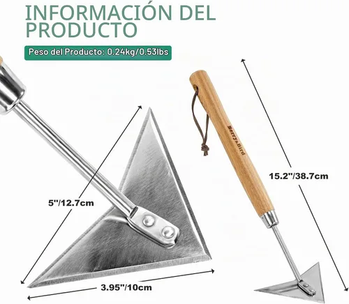Vista 2 de Azada de mano triangular, azadas de jardín con alas de 15.2 pulgadas con mango de madera corto, azada Warren de acero inoxidable para jardinero