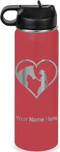 Vista 9 de LaserGram Botella de agua personalizada, corazón de vaquera de caballo, acero inoxidable de doble pared aislada al vacío con popote superior, regalo