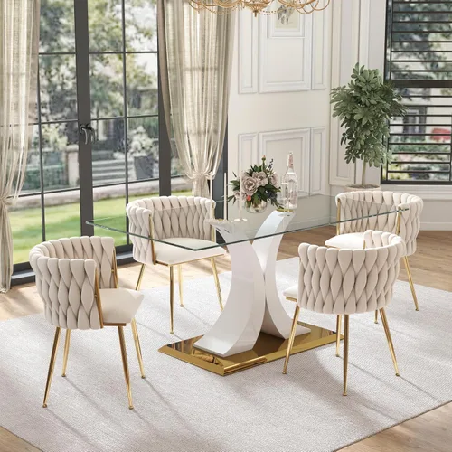 Vista 12 de Juego de comedor moderno de vidrio de lujo de 5 piezas, juego de cena rectangular minimalista grande para 4, juego de mesa de cocina de vidrio