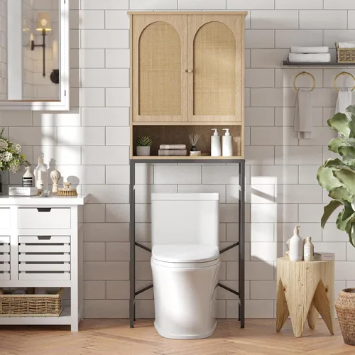 Vista 10 de Gabinete de almacenamiento sobre el inodoro con puertas estilo granja y estante ajustable, organizador de baño alto con soporte de metal que ahorra