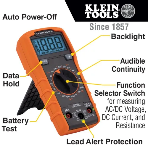 Vista 4 de Klein Tools Multímetro MM325, probador de voltaje CA/CC de 600 V de rango manual digital, prueba baterías y cables de prueba de clip de cocodrilo