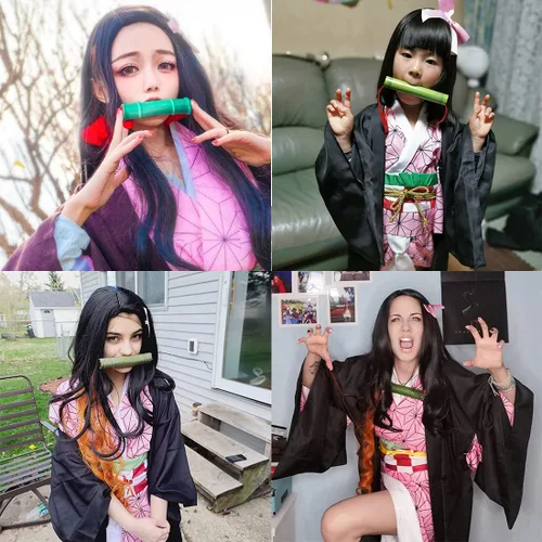 Vista 2 de Jodiss Peluca de anime Nezuko con bambú, disfraz de Halloween, fiesta de disfraces de Nezuko, peluca de cosplay
