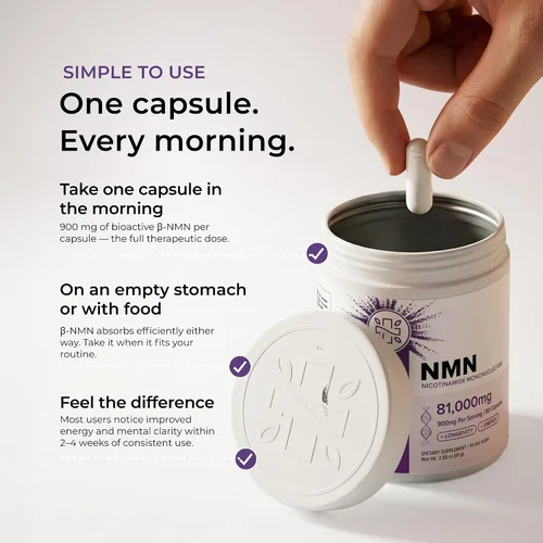 Vista 8 de Neurogan Suplemento beta NMN (β-NMN) – 900 mg por porción, 99.6% de pureza – Precursor de NAD+ para energía celular y vitalidad – 90 cápsulas