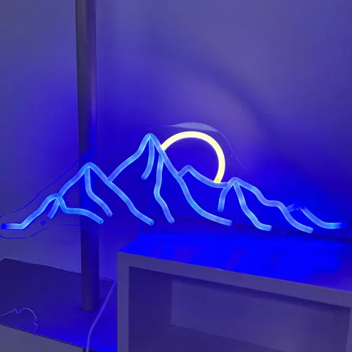 Vista 2 de Letrero de neón LED con diseño de montaña y puesta de sol de 18 pulgadas, letrero de neón con diseño de montaña y amanecer, regalos para la oficina