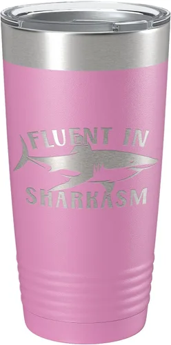 Vista 20 de Fluent in Sharkasm Tumbler Sarcasm Travel Mug Funny Shark Gift Insulated Laser Engraved Coffee Cup 20 oz Black
