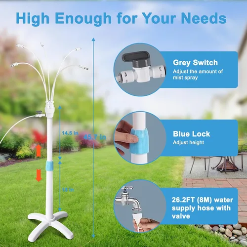 Vista 5 de Misters para patio exterior, sistema de enfriamiento de nebulización de pie, kit de manguera de niebla de agua portátil para exteriores, altura
