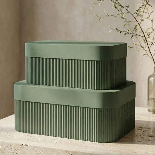 Vista 11 de Cajas de almacenamiento decorativas con tapas: juego de 2 hermosos cubos organizadores de cartón acanalado para la decoración de estanterías de tu
