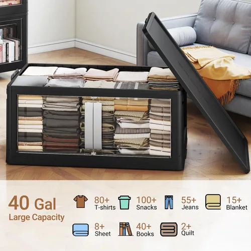 Vista 8 de BROVIEW Contenedores de almacenamiento apilables de 160 cuartos de galón con tapas, caja de almacenamiento plegable extragrande de 40 galones