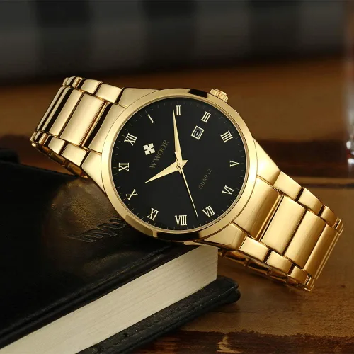 Vista 5 de WWOOR Mens Quartz Stainless Steel and Metal Black and Gold Watches for Men Waterproof Casual Wrist Watch with Date