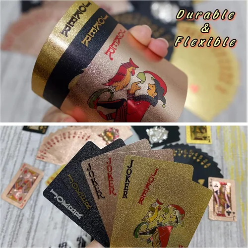 Vista 3 de 3 barajas de cartas impermeables de plástico para jugar cartas de póquer, color negro y oro rosa, cartas temáticas estándar de póquer impermeables