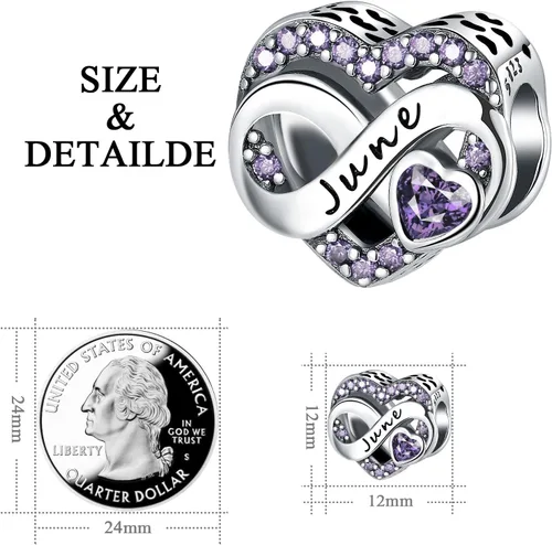 Vista 6 de Abalorio de piedra natal de noviembre de plata de ley 925 para pulsera, collar, día de la madre (junio), Plata esterlina