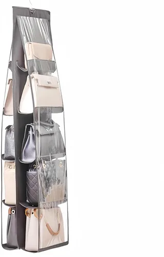 Vista 13 de HAN SHENG Organizador colgante de 6 bolsillos transparente para bolsos y monederos - Estante colgante para ahorrar espacio para clóset, armario