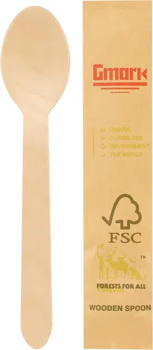 Vista 3 de Gmark Cucharas de madera desechables envueltas en papel, paquete de 100 cucharas de 6.5 pulgadas, 100% naturales, ecológicas, biodegradables