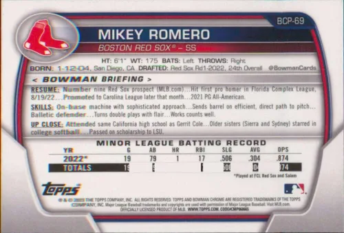 Vista 2 de 2023 Bowman Chrome Prospects Baseball #BCP-69 Mikey Romero Boston Red Sox Official MLB Trading Card, Stock Photo shown, card in Near Mint to Mint