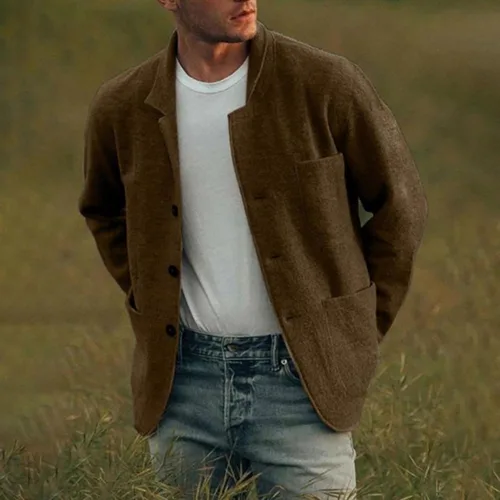 Vista 3 de Chaqueta casual para hombre, ligera, de lino, deportiva, con botones, con bolsillos