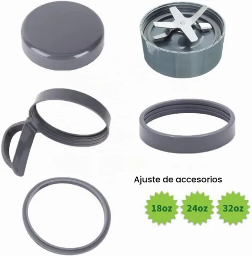 Vista 3 de Piezas de repuesto para NutriBullet, 2 tazas, hoja extractora, 2 tapas resellables, 2 juntas, 2 engranajes, 3 almohadillas de choque, anillo