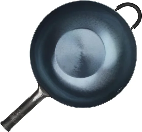 Vista 14 de ZhenSanHuan Wok de Hierro Martillado a Mano con Fondo Plano Apto para Inducción (32CM, Mango de Hierro)