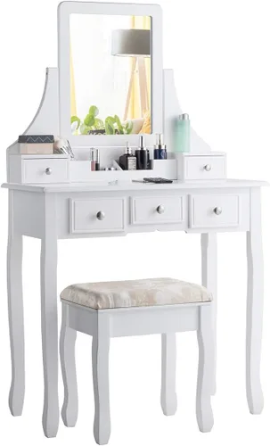 Vista 6 de CHARMAID Juego de tocador de maquillaje con espejo y taburete acolchado, tocador con 5 cajones y organizadores de almacenamiento extraíbles, mesa