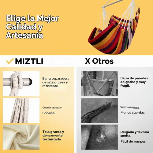 Vista 3 de MIZTLI Silla Hamaca con Columpio para Interior para Dormitorio - Máximo 500 Libras - Barra de Acero con Anillos Antideslizantes - Para