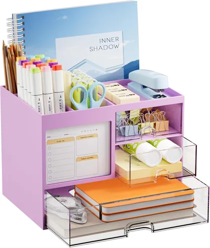 Vista 9 de Marbrasse Organizador de Escritorio con 3 Cajones, Soporte Multifuncional para Lápices y Bolígrafos para Escritorio, Organizador de Escritorio