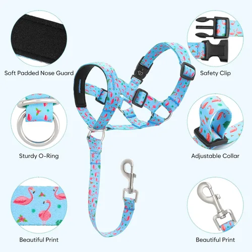 Vista 2 de Collar de cabeza de perro, cuello impreso sin tirones, ajustable para cabeza de perro, correa suave con enlace de seguridad, correa de bozal de 3