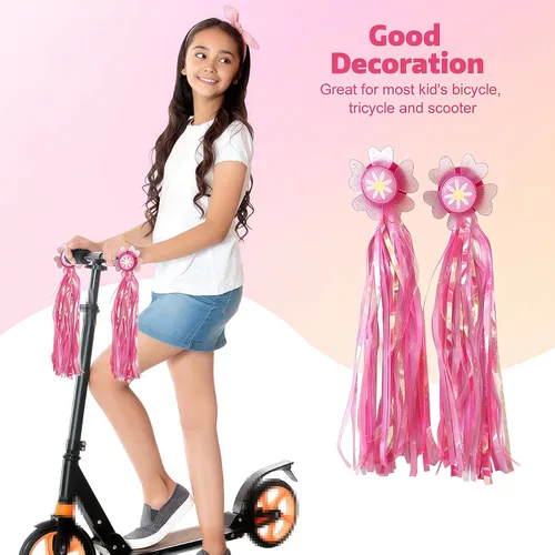 Vista 5 de Girasol Bike Scooter Manillar Streamers- Cintas rosas con borla brillante para niños Niños Bicicletas Trike Grips Accesorios Portabebés
