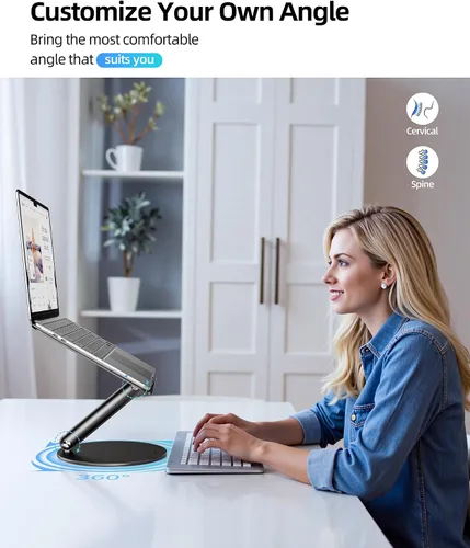 Vista 2 de LULULOOK Soporte para computadora portátil para escritorio, soporte de computadora de aluminio completo, elevador ajustable giratorio de 360°, Negro