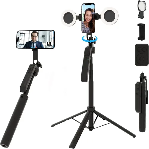 Vista 9 de Trípode para selfie stick de seguimiento automático con luz de llenado, rotación de 360 grados y control de gestos, trípode para selfie stick