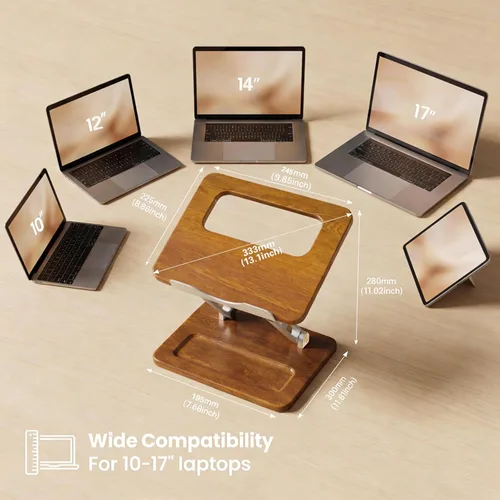 Vista 5 de Soporte ergonómico de madera para portátil con ranura para bolígrafo, altura y ángulo ajustables, refrigeración hueca, plegable para uso