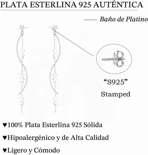 Vista 5 de SLUYNZ Aretes colgantes de plata de ley con forma de estrella para mujeres y adolescentes, aretes largos con cadena y borla curvada A-Plata