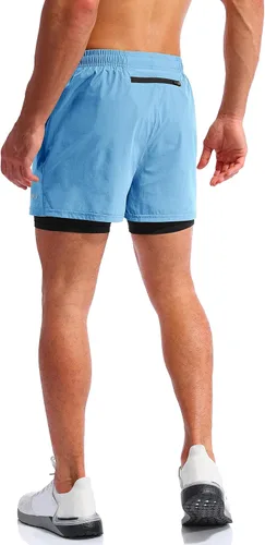 Vista 4 de Pudolla Mens 2 in 1 Running Shorts 5" Quick Dry Gym Athletic Workout Shorts for Men with Phone Pockets