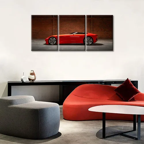 Vista 3 de Arte de pared de auto deportivo rojo para sala de estar, arte de pared de lienzo de súper auto genial, imágenes pósters, 3 piezas, arte moderno