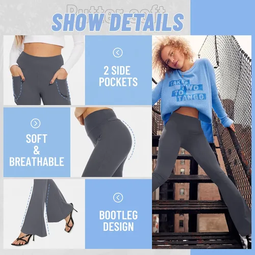 Vista 132 de TNNZEET Leggings acampanados negros para mujer, pantalones de yoga cruzados con bolsillos, corte de bota, leggings acampanados