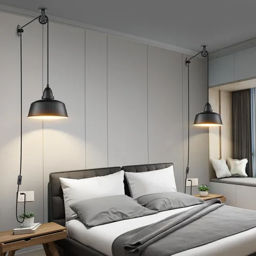 Vista 6 de Farmhouse - Lámpara colgante industrial enchufable, polea negra Hanging Light with Plug in Cord, Pulley Hanging Lamp, For Kitchen Island Bedroom