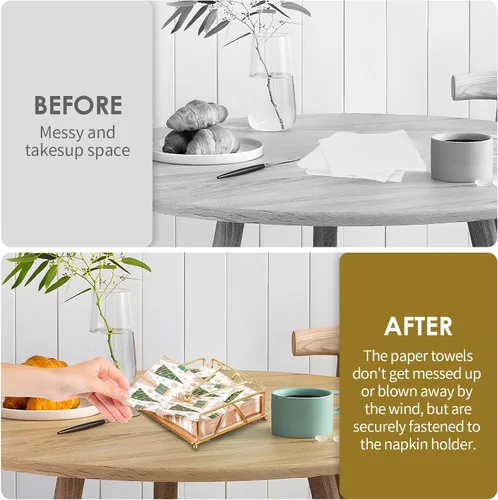 Vista 11 de Servilletero de metal, base de madera moderna, soporte de servilleta dorada para mesa con brazo de peso, para decoración de mesa de cocina, cóctel