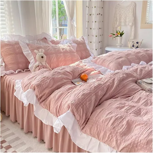 Vista 6 de ADovz Juego de ropa de cama con volantes y encaje, falda de cama para mujer, color sólido, tamaño Queen, juego de funda de edredón para cama doble