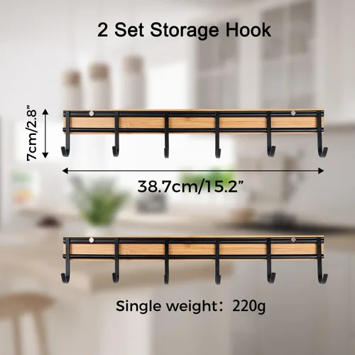 Vista 7 de Colgador de utensilios de cocina, organizador de estante con 6 ganchos, juego de 2 colgadores de pared para utensilios, gancho de pared resistente
