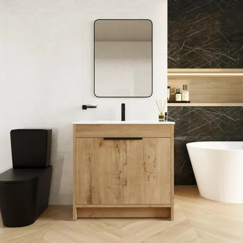 Vista 16 de Tocador de baño negro de 30 pulgadas con fregadero, tocador de baño independiente, tocador de baño, armario de tocador, 2 cajones y 1 estante abierto