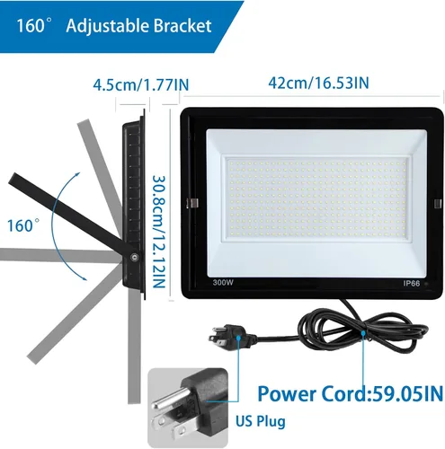 Vista 2 de Luz de inundación LED de 300 W para exteriores, luz de trabajo LED, reflector con enchufe IP66 impermeable, 6500 K, 2 unidades de luz de seguridad