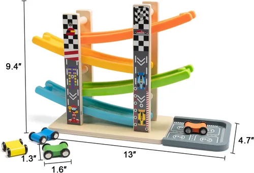Vista 8 de Wood City Set de Juguetes de Rampa y Carrera de Coches de Madera con 4 Coches en Miniatura y Pistas de Carrera, Juguetes para Niños de 1, 2, 3 Años