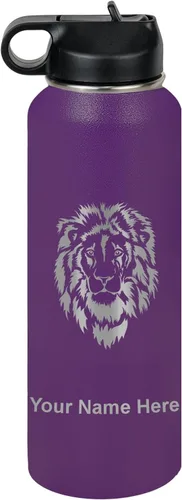 Vista 51 de LaserGram Botella de agua personalizada, cabeza de león, acero inoxidable de doble pared aislada al vacío con popote superior, regalo grabado