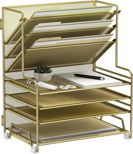 Vista 11 de MINDEPOT Organizador de papel de 4 niveles + soporte para archivos de 3 bolsillos + cajón + soportes para bolígrafos, organizador de archivos