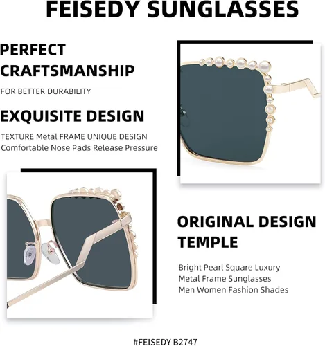 Vista 5 de FEISEDY Gafas de sol cuadradas de gran tamaño para mujer, diseño de perlas 2021, nuevas sombras grandes de moda de lujo B2747