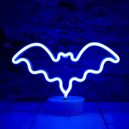 Vista 9 de Luces LED de murciélago de neón moradas, letreros de neón en forma de murciélago, luces nocturnas a pilas, lámpara de mesa de escritorio