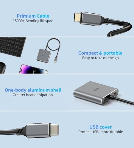 Vista 8 de Adaptador USB C a HDMI Dual 4K@60Hz, 4 en 1 USB C a HDMI Convertidor con carga PD de 100 W USB 3.0, divisor USB C a HDMI Pantalla extendida