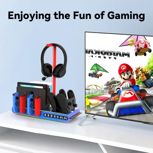 Vista 6 de Sonicgrace Base de carga con interruptor RGB para Nintendo Switch y joycons OLED, base de cargador para juegos, base de TV, controlador Pro