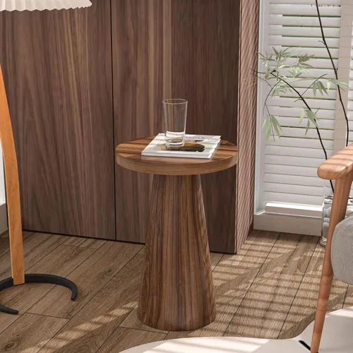 Vista 5 de Pequeña mesa auxiliar redonda con pedestal, mesa auxiliar de madera para sala de estar, mesa de bebidas acanalada para espacios pequeños, mesa Nogal