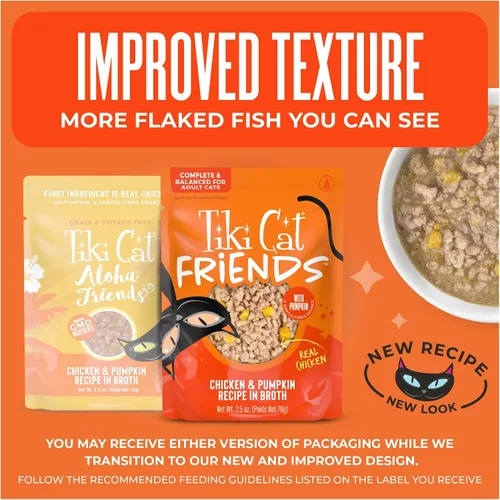Vista 2 de Tiki Cat Aloha Friends Alimento húmedo y sin cereales para gatos de todas las edades, recetas de pollo con calabaza, sobres de 2.5 onzas
