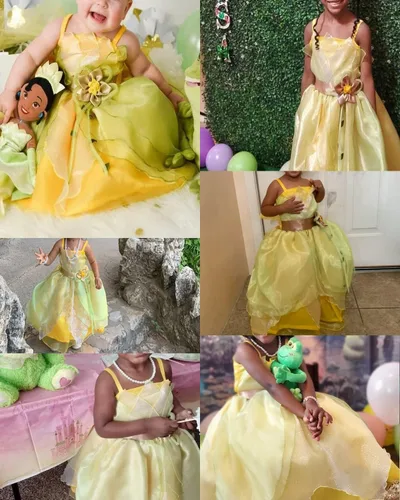 Vista 6 de BLOOMIRO Disfraz de princesa Tiana para niñas, disfraz de fiesta de cumpleaños con accesorios